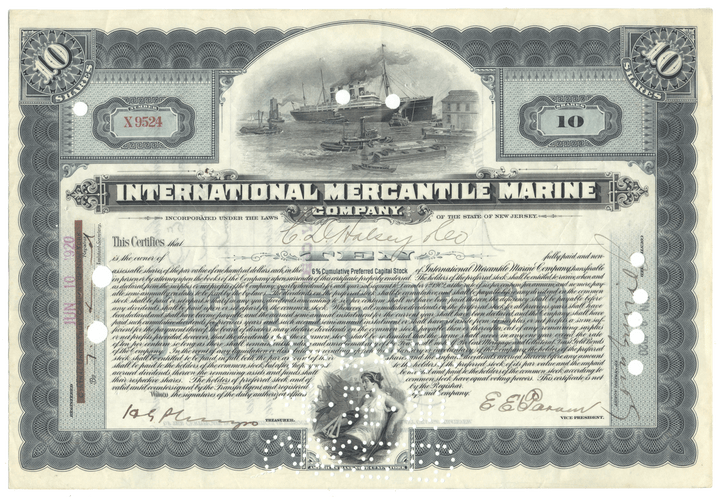 Vintage stock certificate from International Mercantile Marine Company with ship illustration