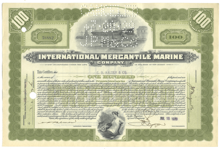 International Mercantile Marine Company Stock Certificate
