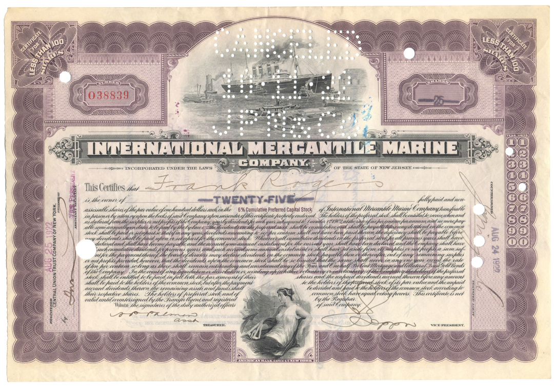 International Mercantile Marine Company Stock Certificate