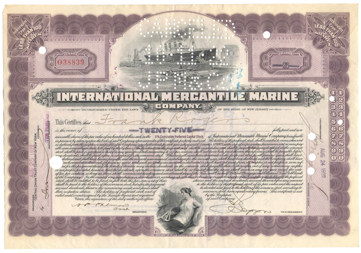 International Mercantile Marine Company Stock Certificate