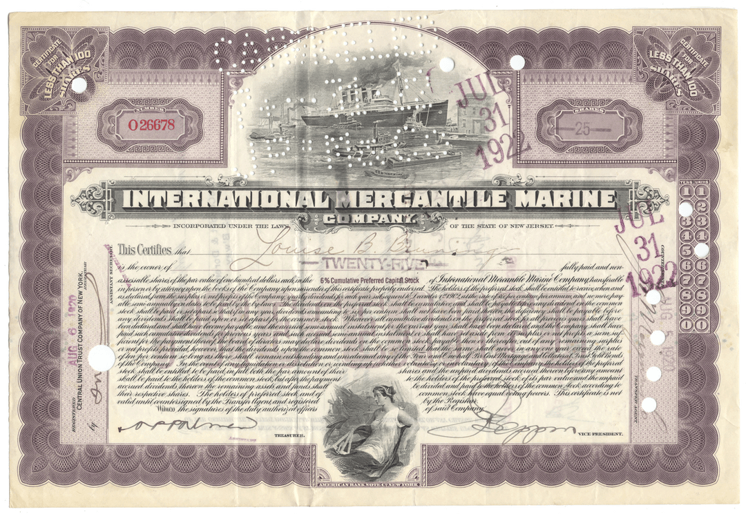 International Mercantile Marine Company Stock Certificate