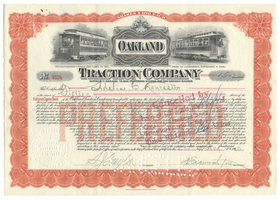 Vintage stock certificate for the Oakland Traction Company with tram illustration\.