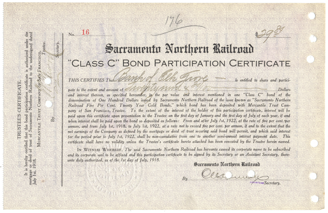 Sacramento Northern Railroad Bond Certificate