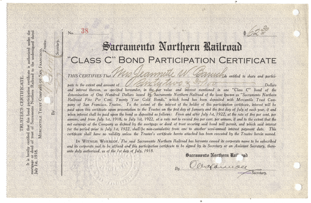 An antique Sacramento Northern Railroad 'Class C' Bond Participation Certificate dated July 1, 1918