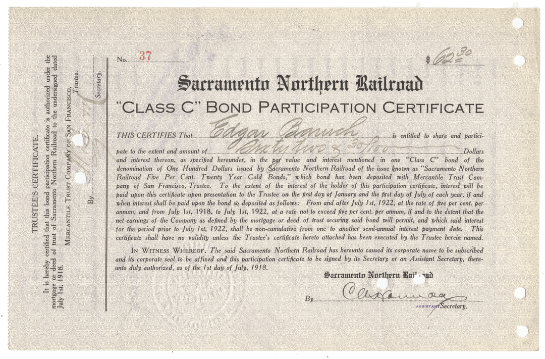 Vintage 'Sacramento Northern Railroad Class C Bond Participation Certificate' with text and signature from 1918