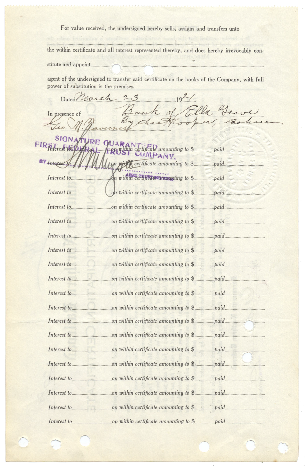 Sacramento Northern Railroad Bond Certificate