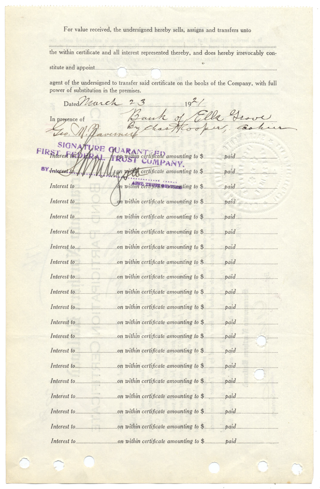 Sacramento Northern Railroad Bond Certificate