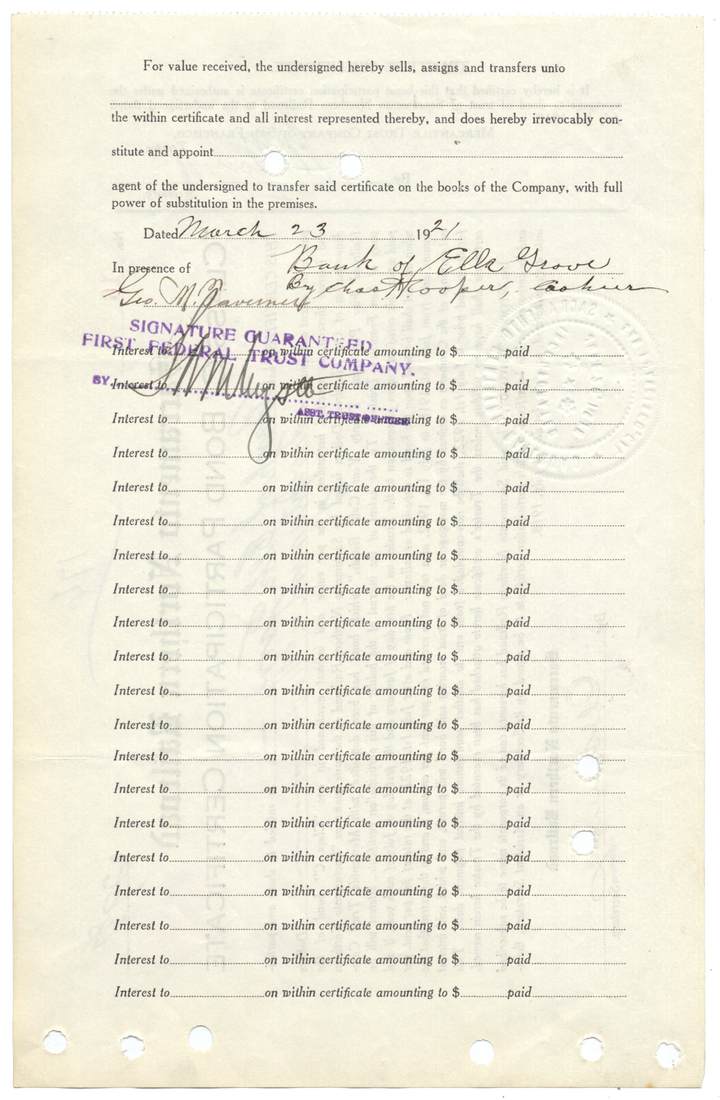 Sacramento Northern Railroad Bond Certificate