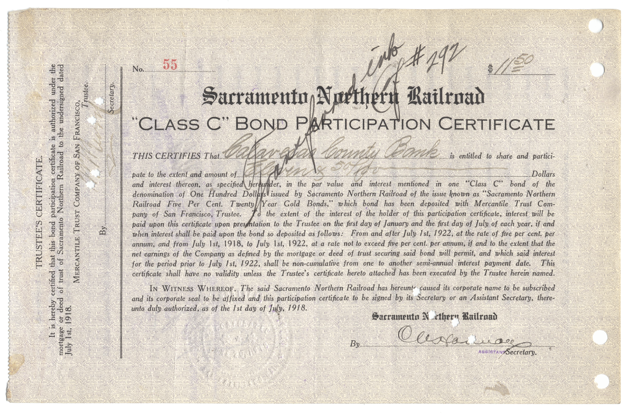 Vintage Sacramento Northern Railroad Class C Bond Participation Certificate