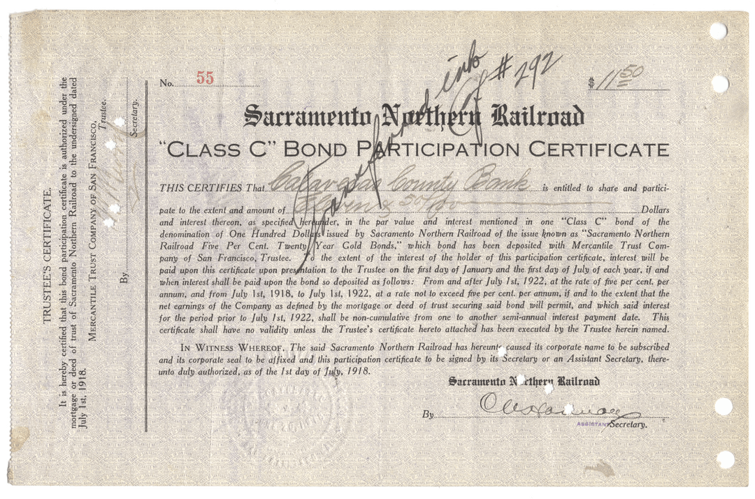 Vintage Sacramento Northern Railroad Class C Bond Participation Certificate