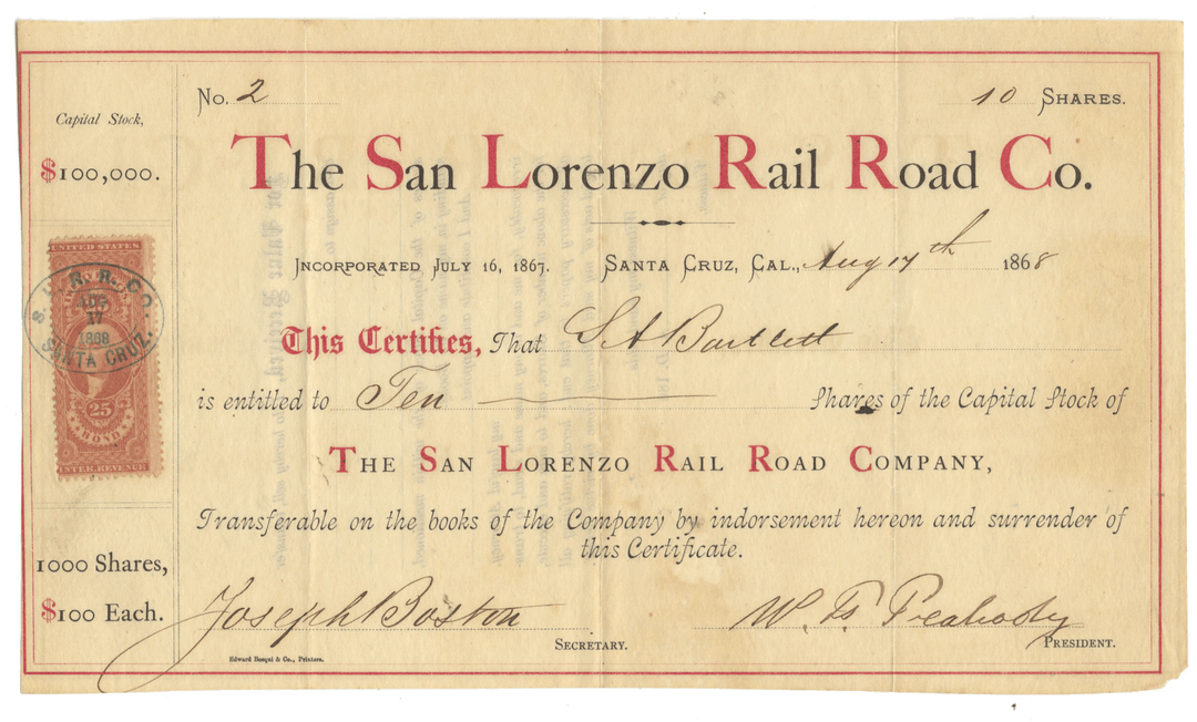 San Lorenzo Rail Road Co. stock certificate from 1868 with red stamp and signatures.