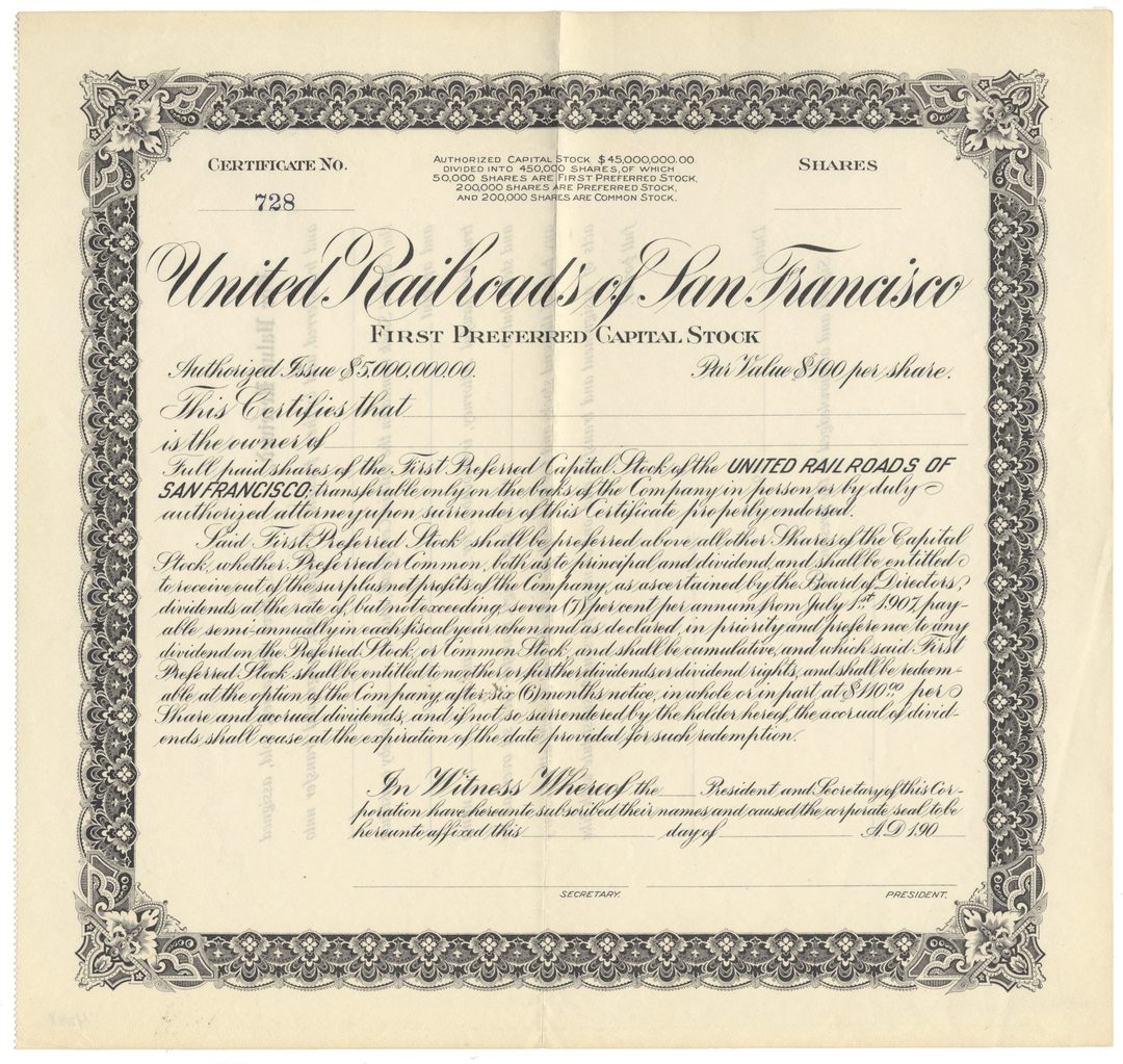United Railroads of San Francisco Stock Certificate