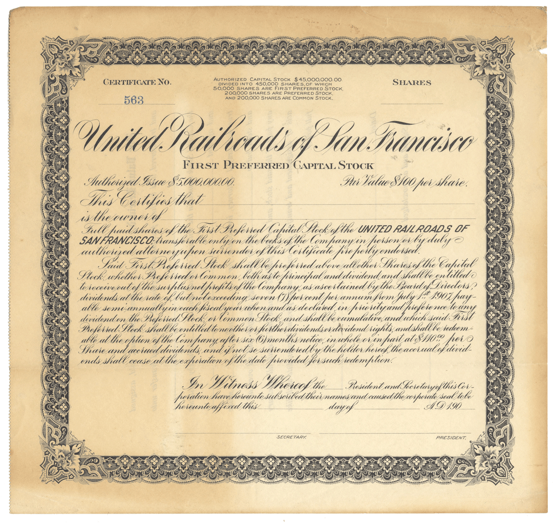 United Railroads of San Francisco Stock Certificate