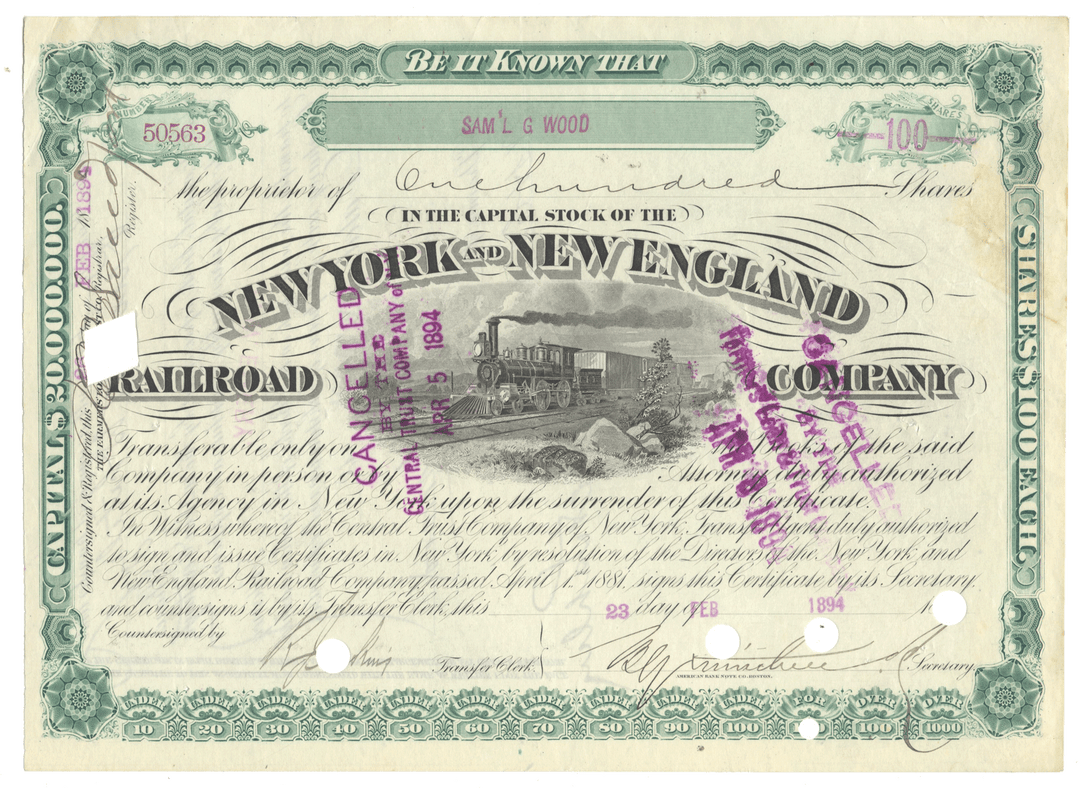 A vintage New York and New England Railroad Company stock certificate dated 1894, featuring a central illustration of a steam locomotive