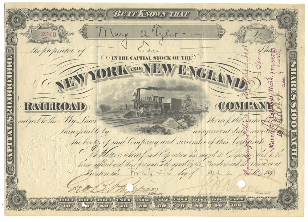 Vintage stock certificate for the New York and New England Railroad Company with detailed text and illustration.