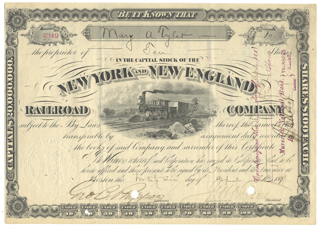 Vintage stock certificate for the New York and New England Railroad Company with detailed text and illustration.