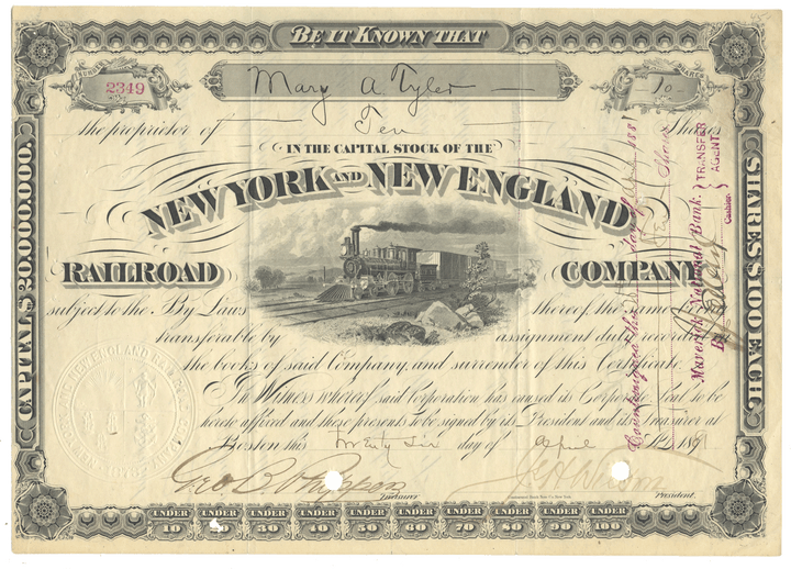 Vintage stock certificate for the New York and New England Railroad Company with detailed text and illustration.