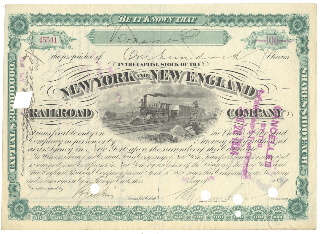 Historical stock certificate for New York and New England Railroad Company with train illustration.