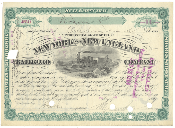 Historical stock certificate for New York and New England Railroad Company with train illustration.