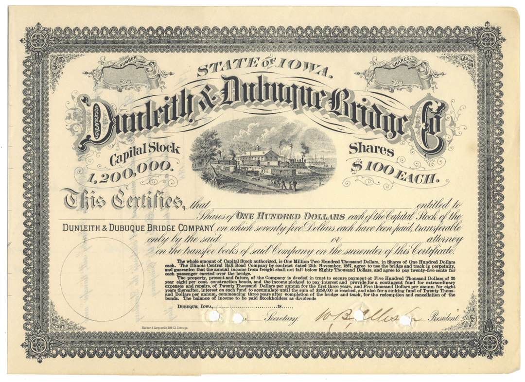 Dunleith & Dubuque Bridge Company Stock Certificate Signed by William Boyd Allison