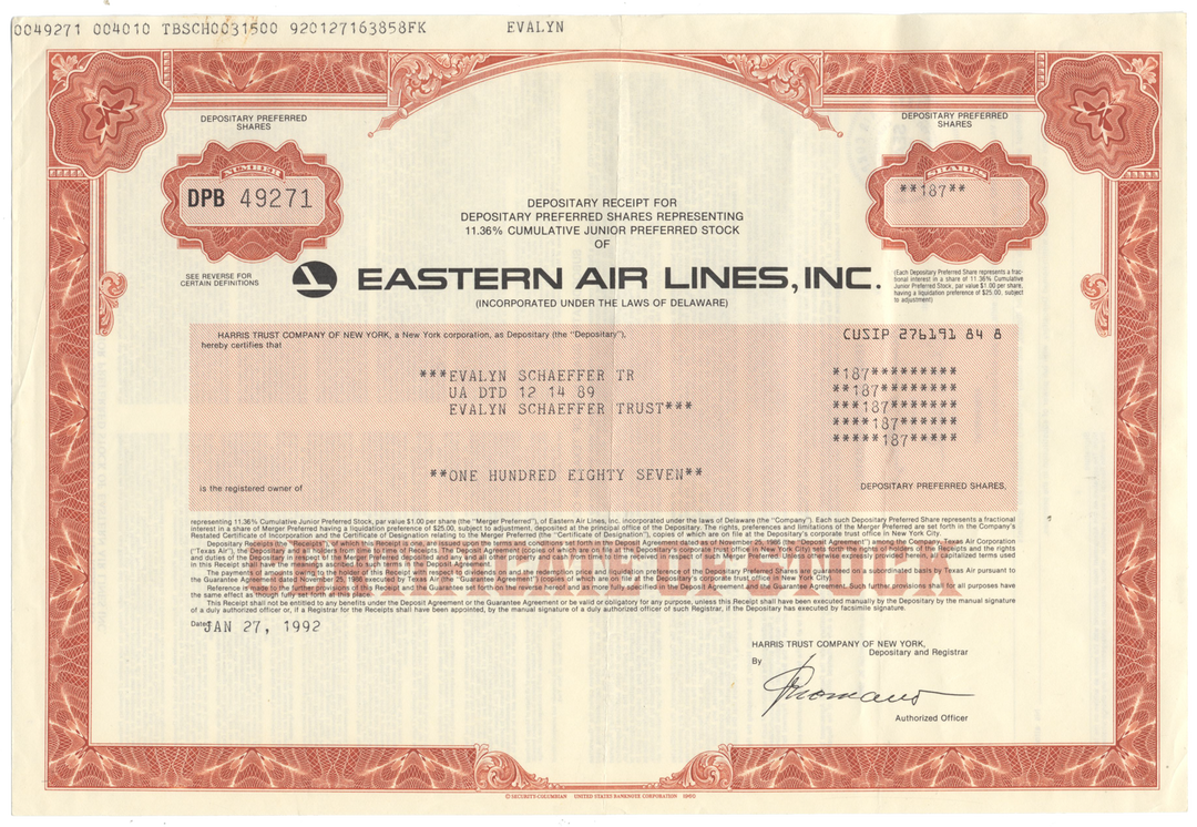 Eastern Air Lines, Inc. Stock Certificate