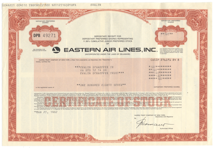 Eastern Air Lines, Inc. Stock Certificate