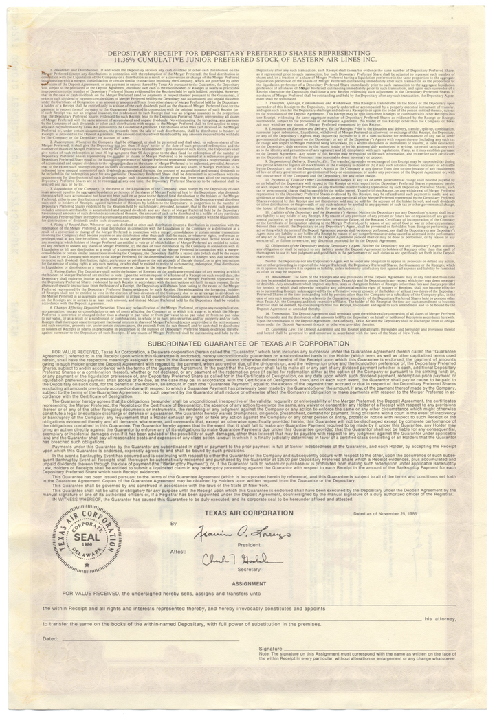 Eastern Air Lines, Inc. Stock Certificate