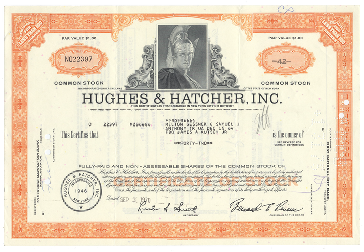 Hughes & Hatcher, Inc. Stock Certificate