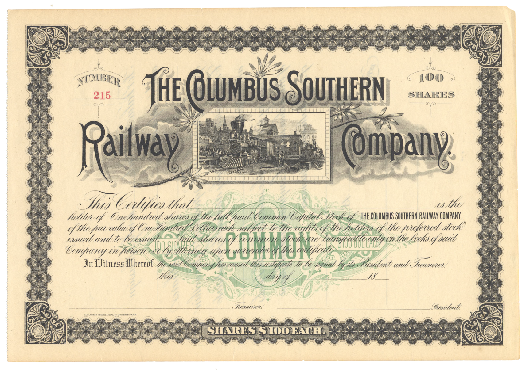 Columbus Southern Railway Company Stock Certificate