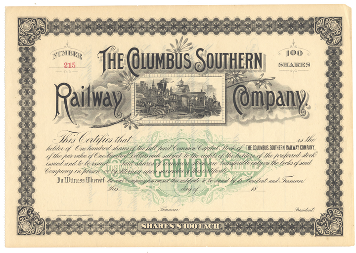 Columbus Southern Railway Company Stock Certificate