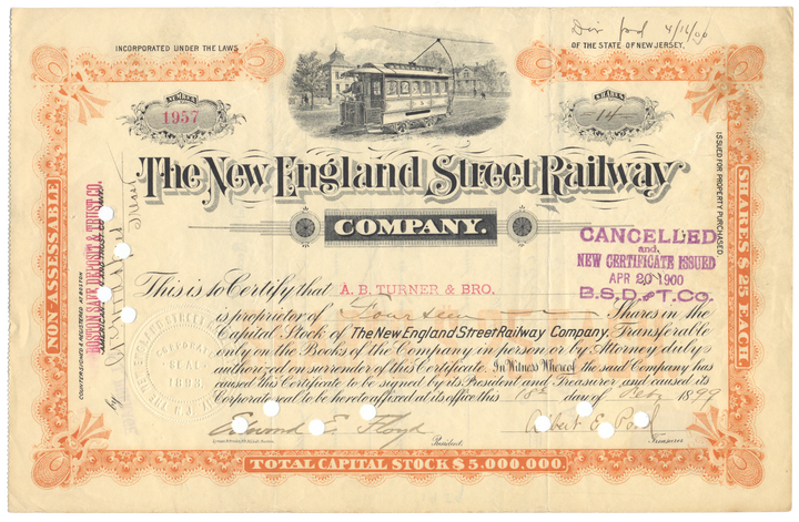 New England Street Railway Company Stock Certificate