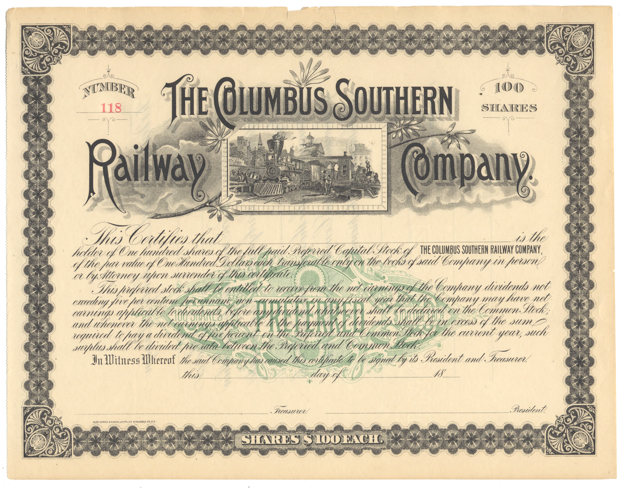 Columbus Southern Railway Company stock certificate from the 1800's