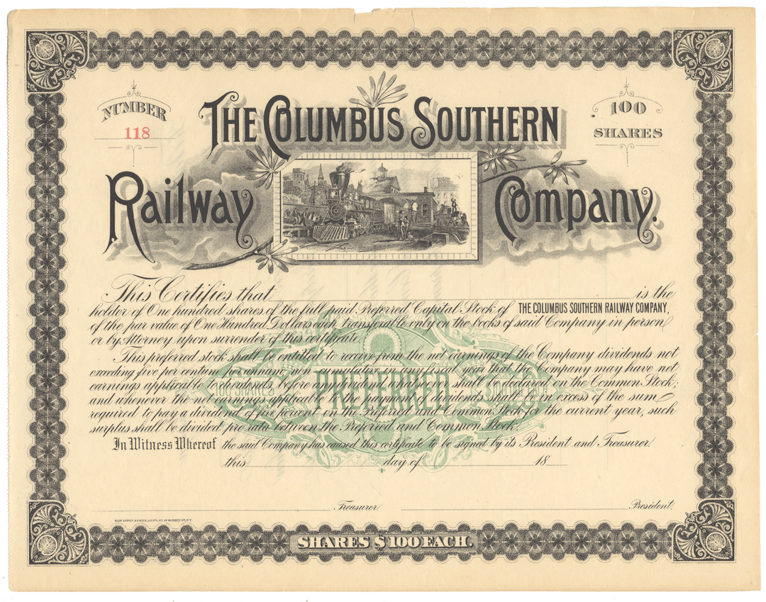 Columbus Southern Railway Company stock certificate from the 1800's
