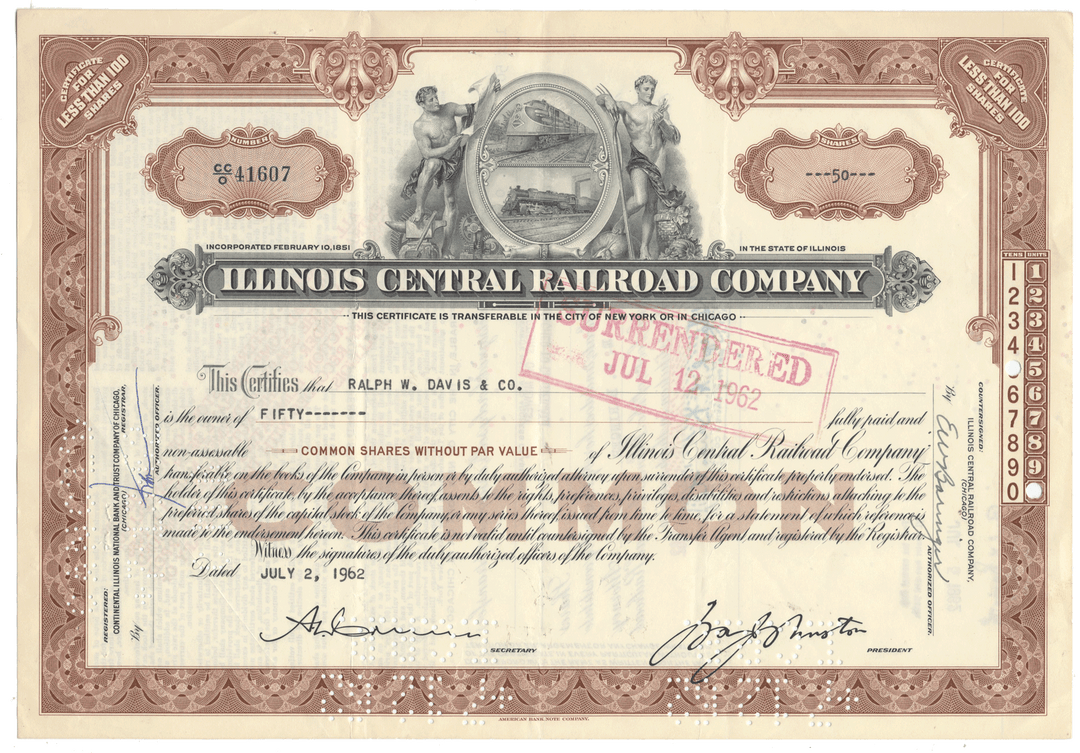 Illinois Central Railroad Company stock certificate with decorative border and text.
