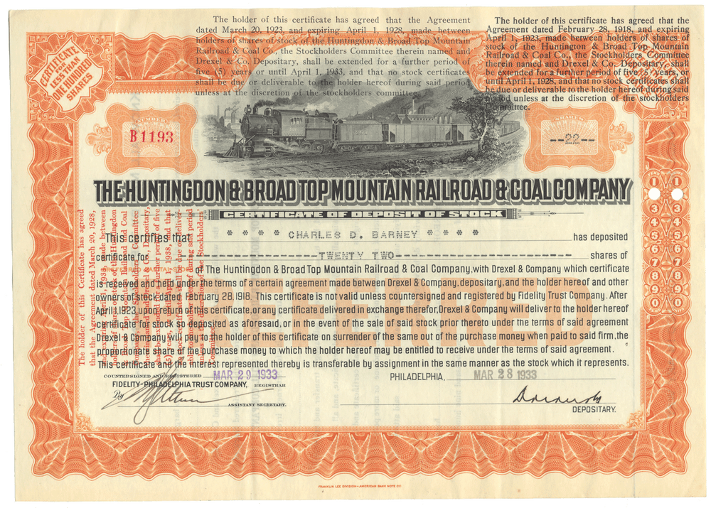 Huntingdon & Broad Top Mountain Railroad & Coal Company Stock Certificate Issued to Charles D. Barney