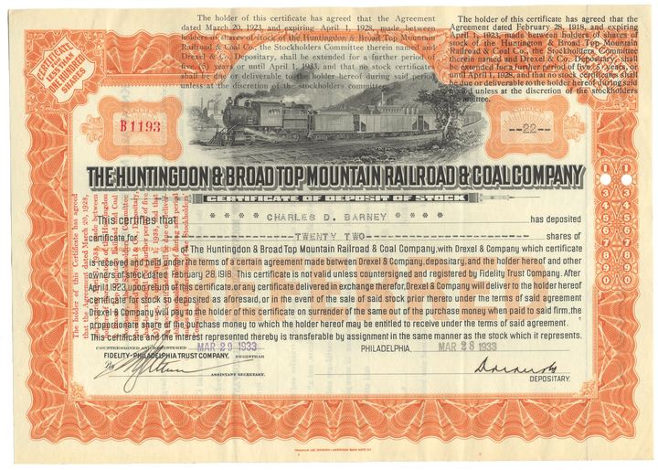 Huntingdon & Broad Top Mountain Railroad & Coal Company Stock Certificate Issued to Charles D. Barney