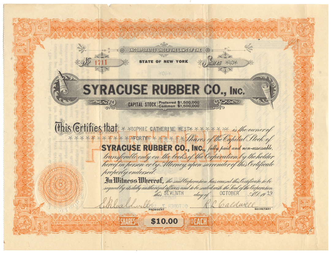 Syracuse Rubber Co., Inc. stock certificate from 1919