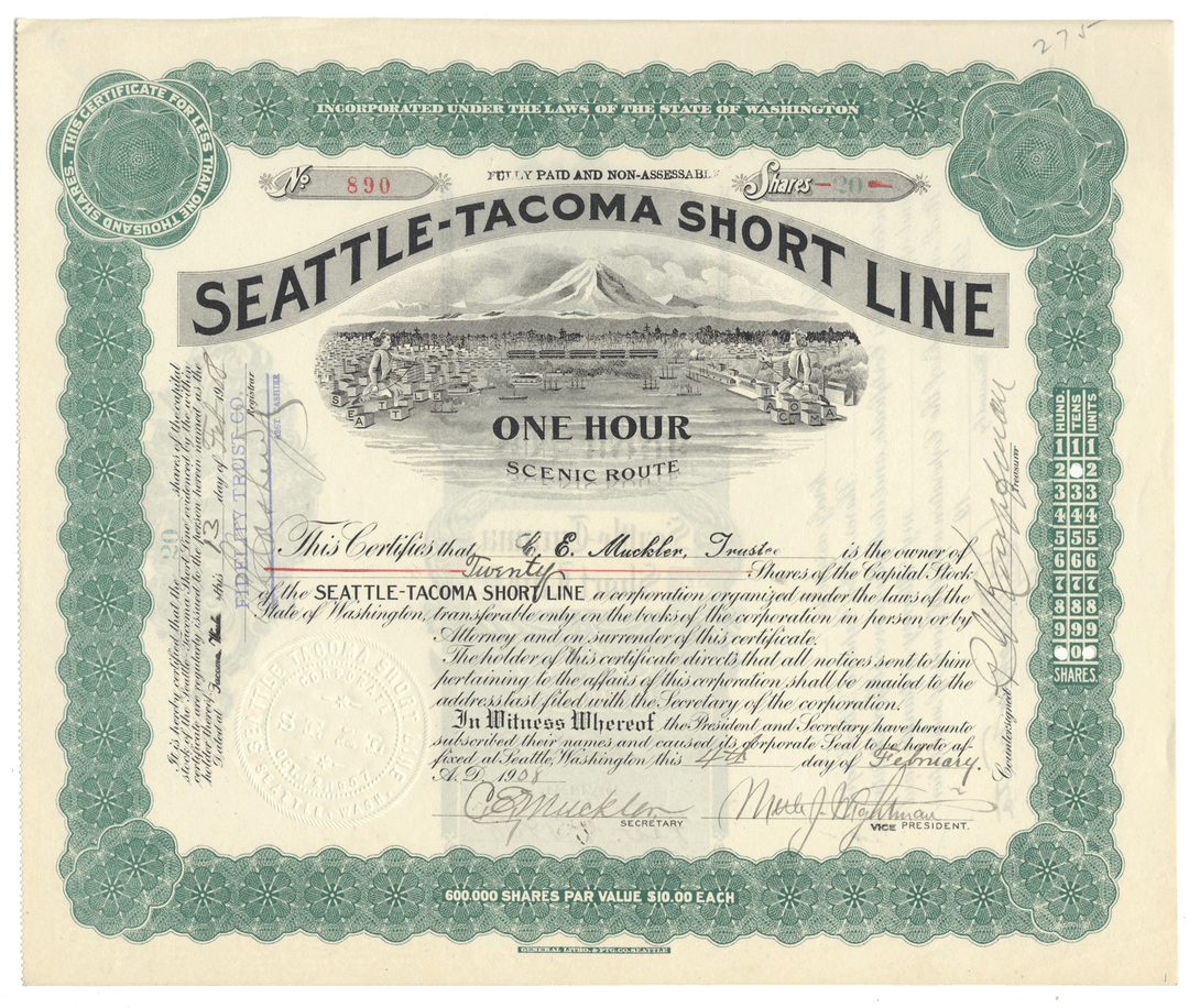 Vintage Seattle-Tacoma Short Line scenic route certificate with decorative border