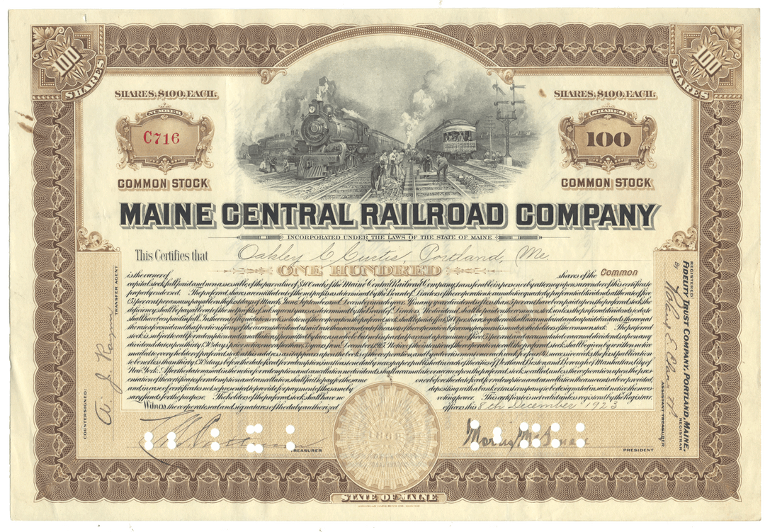 Stock certificate of the Maine Central Railroad Company with a train illustration 