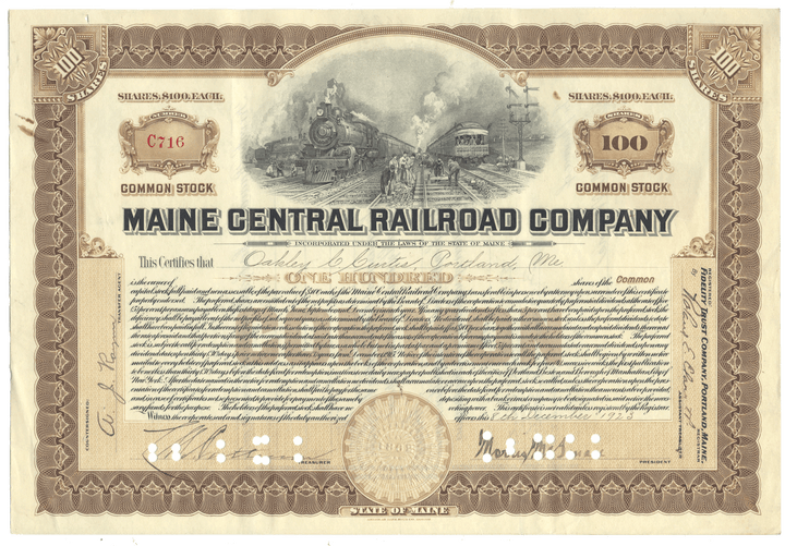 Stock certificate of the Maine Central Railroad Company with a train illustration 