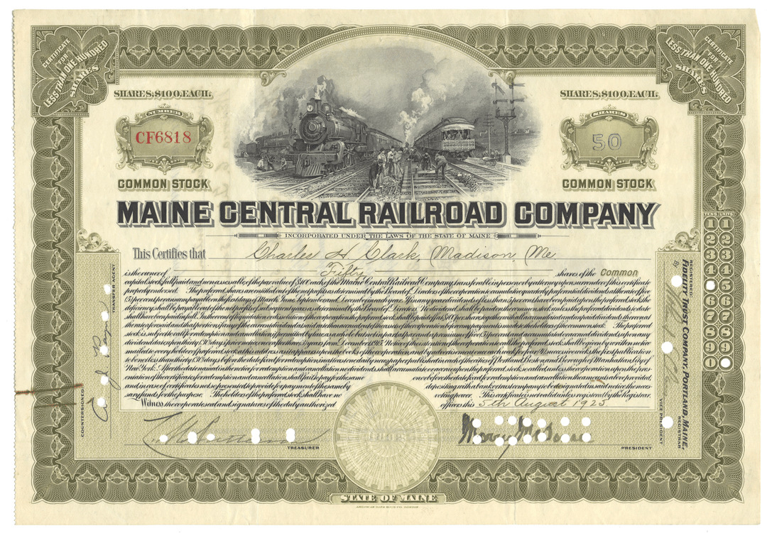 Stock certificate of the Maine Central Railroad Company with a train illustration 