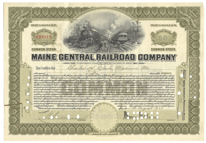Stock certificate of the Maine Central Railroad Company with a train illustration 