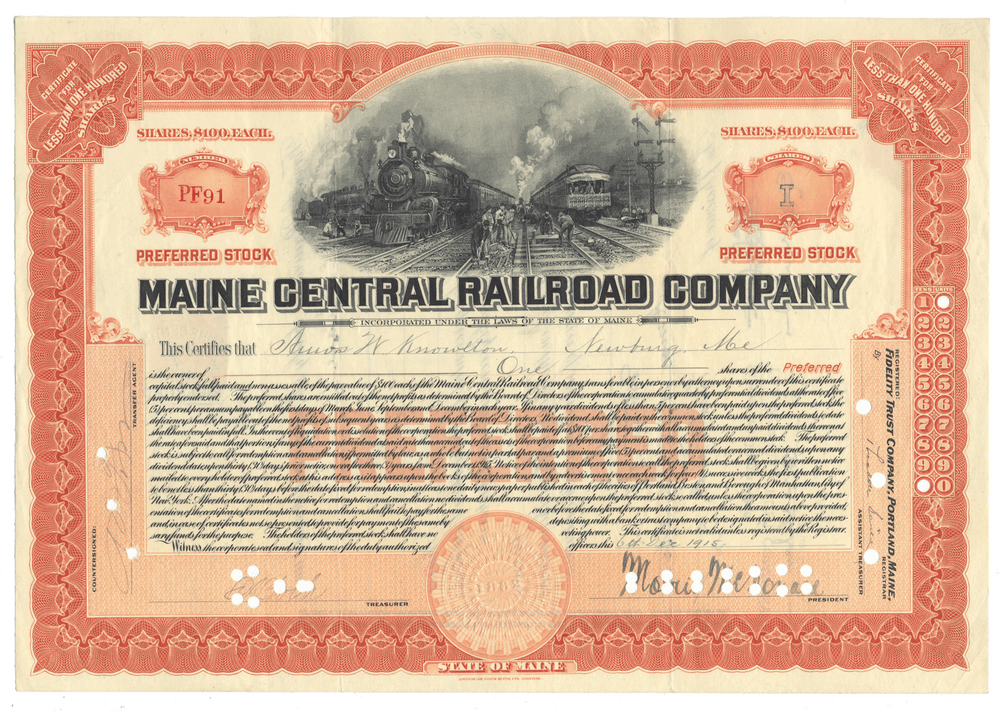 Stock certificate of the Maine Central Railroad Company with a train illustration