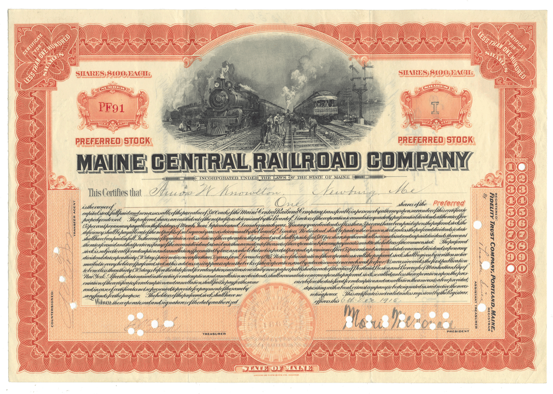 Stock certificate of the Maine Central Railroad Company with a train illustration