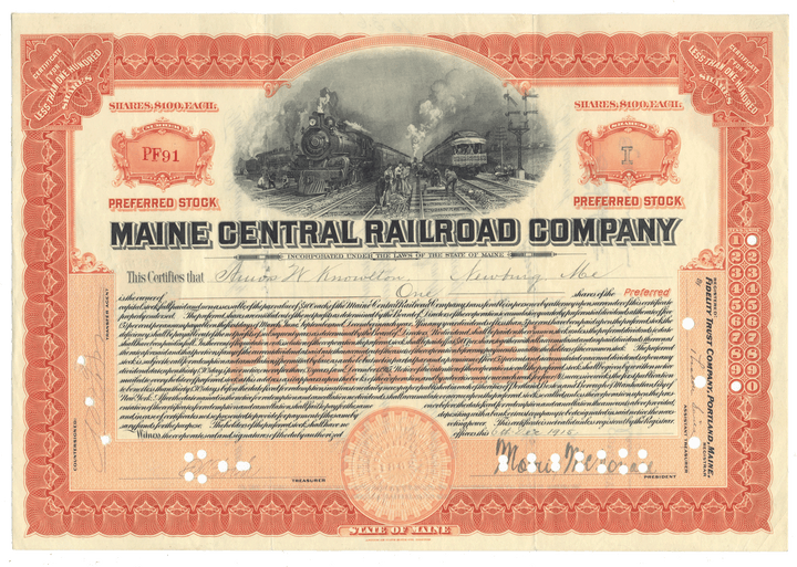 Stock certificate of the Maine Central Railroad Company with a train illustration
