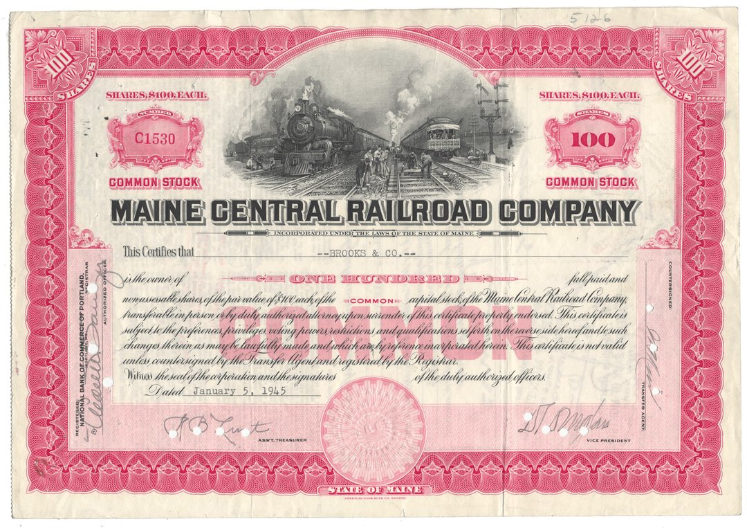 Stock certificate of the Maine Central Railroad Company with a steam locomotive illustration.