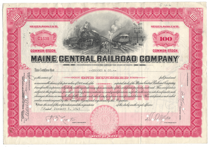 Stock certificate of the Maine Central Railroad Company with a steam locomotive illustration.