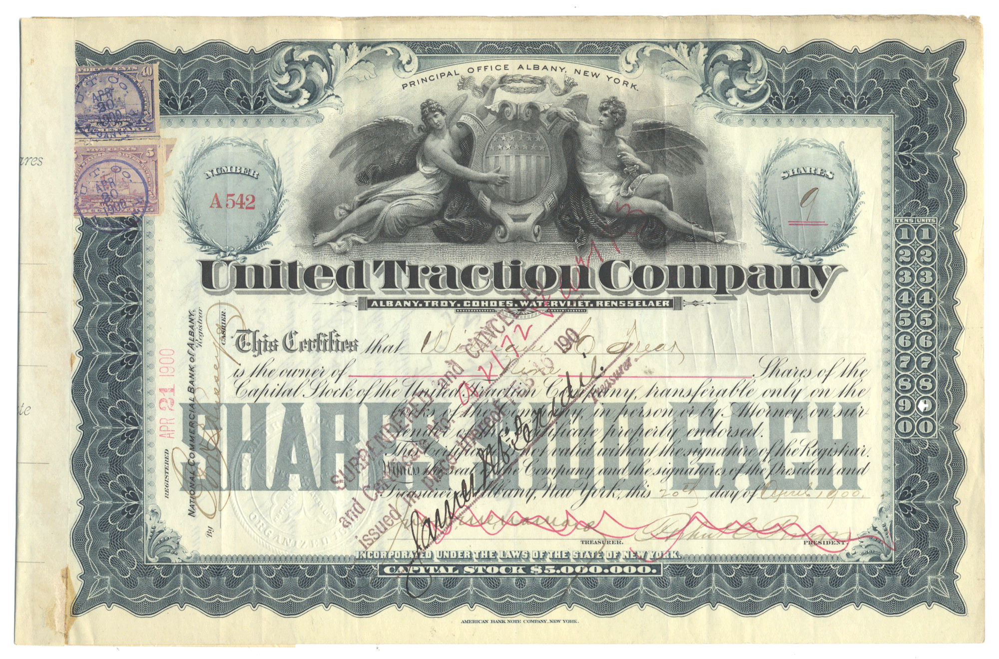Share certificate from the United Traction Company with decorative elements and text.