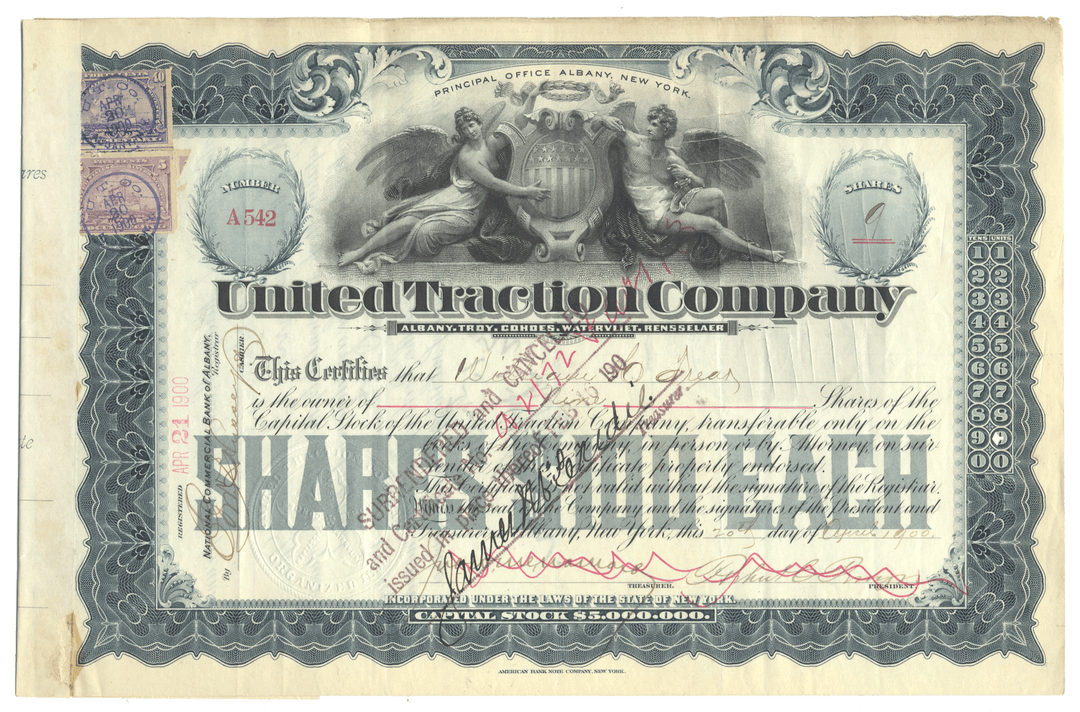 Share certificate from the United Traction Company with decorative elements and text.