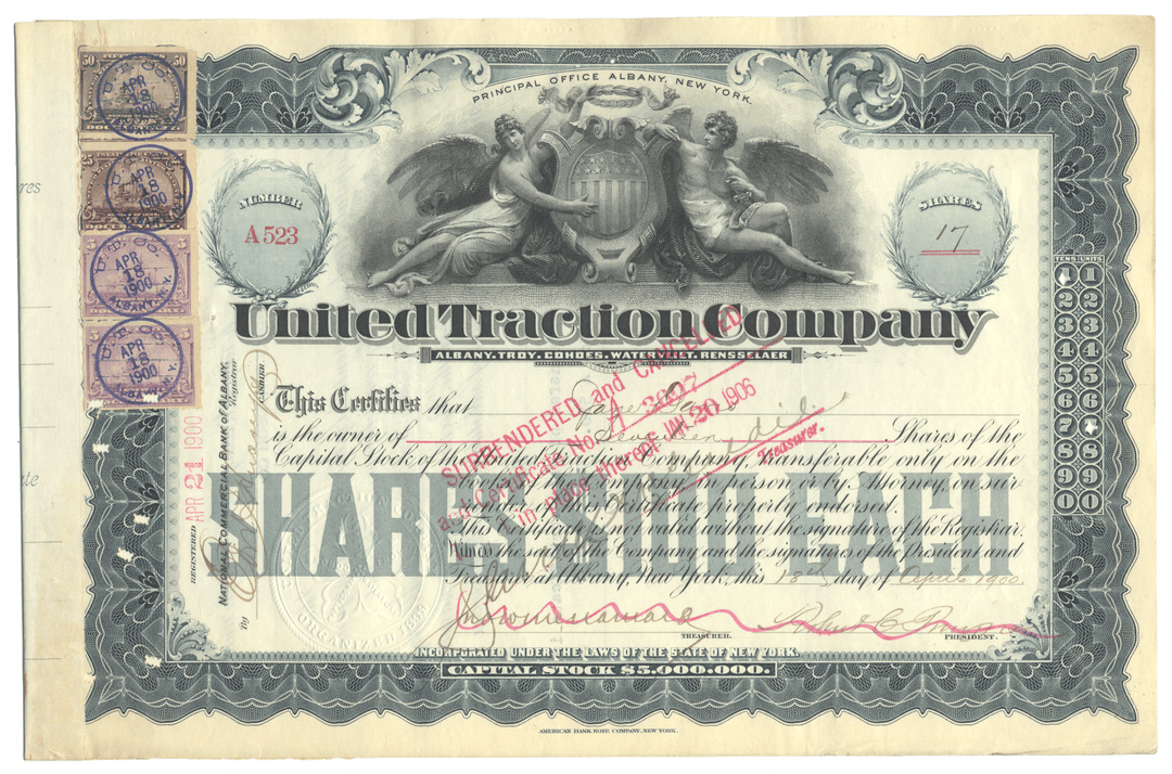 United Traction Company (Albany, NY) stock certificate from 1900